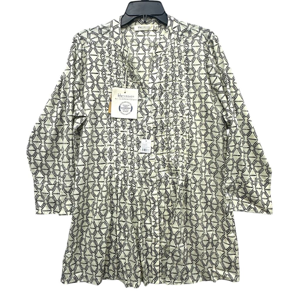 bluThreads Rockflowerpaper Clio Pintuck Tunic Women M Cream Geometric Print